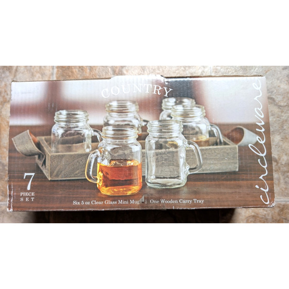 Circleware Country 7 Piece Clear Glass Mini Mugs And Tray Set NIB Gift Set! - Picture 1 of 4